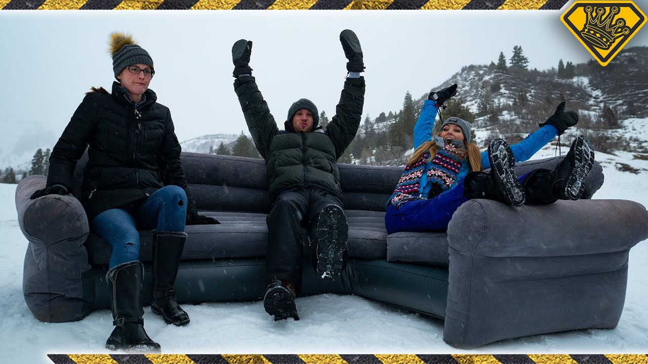 Snow sledding on a blowup couch went very wrong