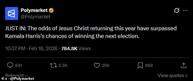 Jesus Christ's 2026 return rated more likely than Kamala Harris winning ...