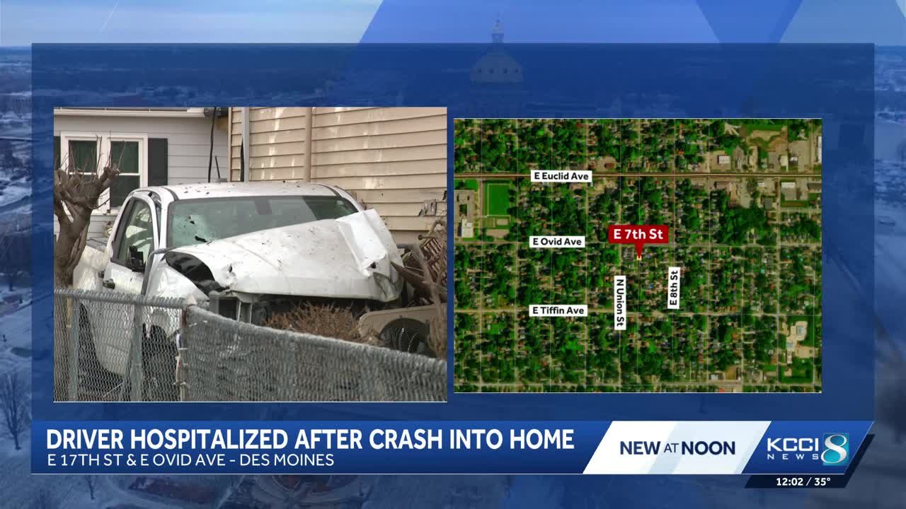 Driver hospitalized after crashing into tree and utility pole in Des Moines