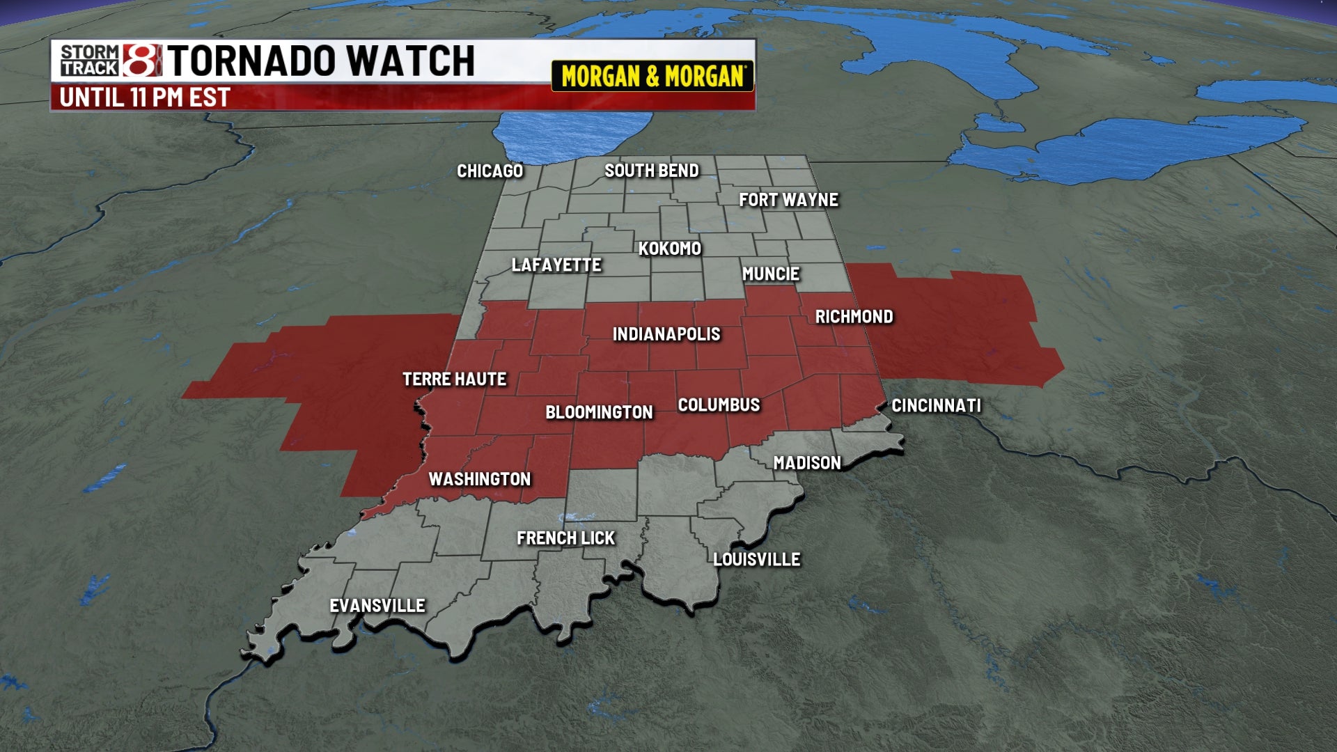 Tornado watch extended for much of central Indiana
