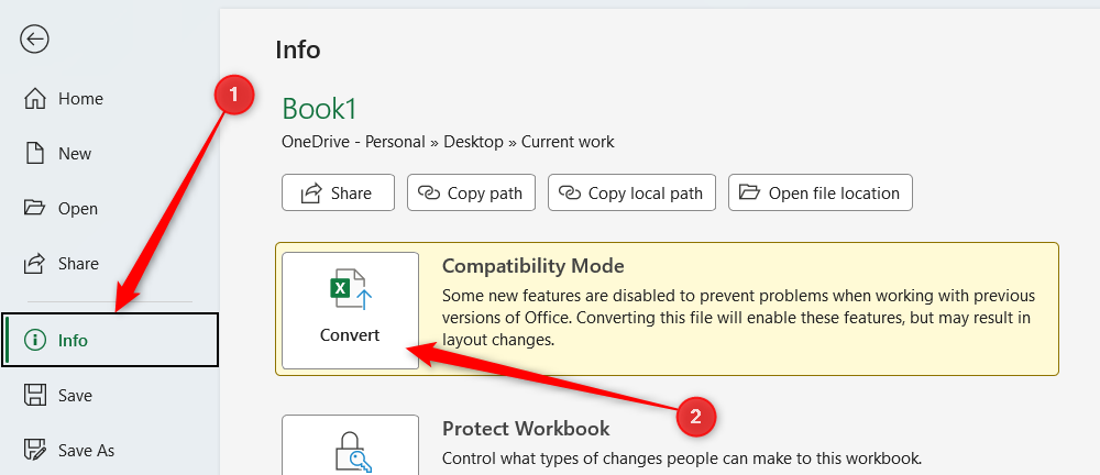 The Convert button in the Info menu of an XLS file.