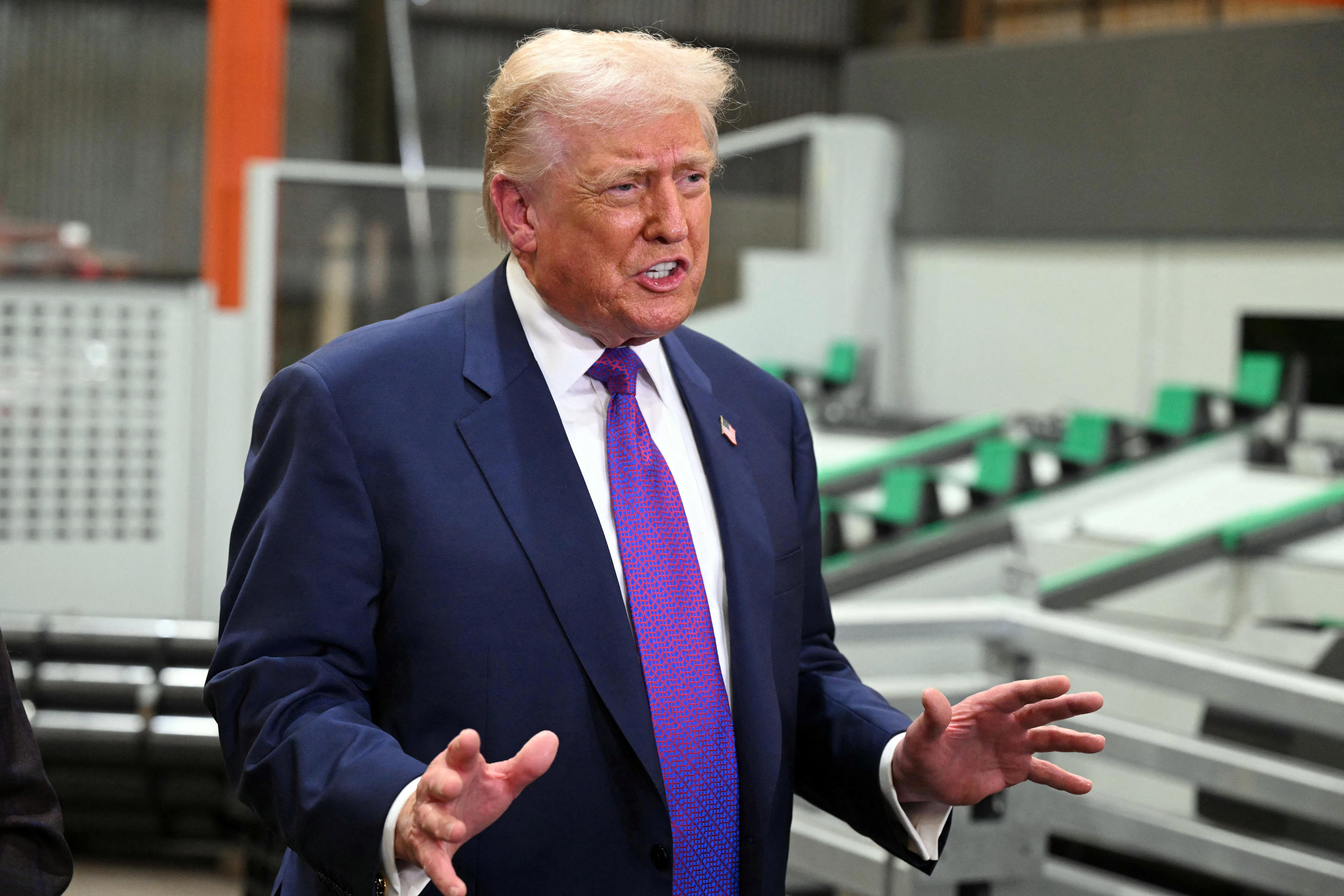 President Donald Trump speaks to reporters as he tours the Coosa Steel Corporation factory in Rome, Georgia, on Feb. 19, 2026.