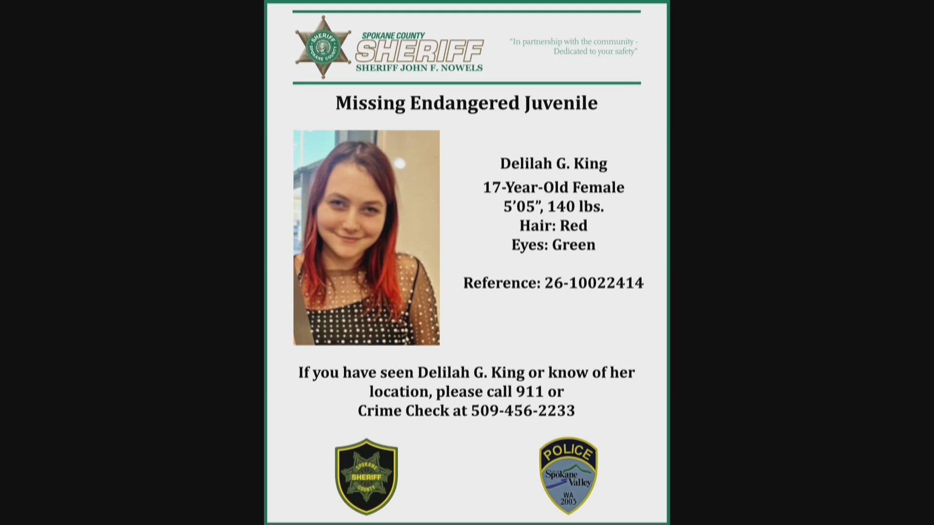 Spokane County Sheriff's Office searching for missing 17-year-old girl