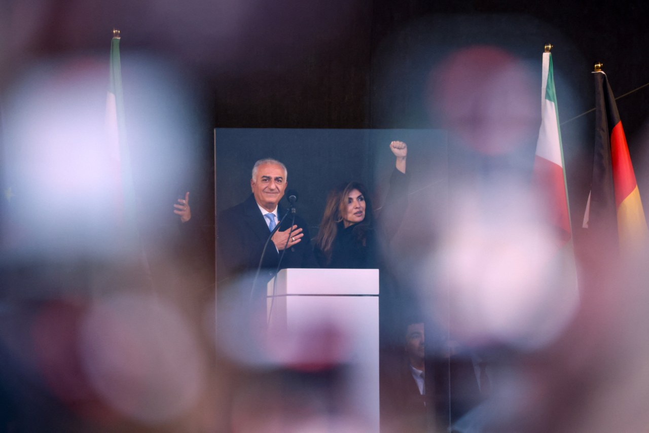 Reza Pahlavi, the exiled son of Iran’s last shah, and wife Yasmine Pahlavi at a rally in Munich last week