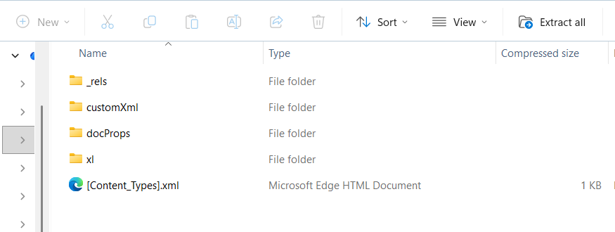 A Windows File Explorer window showing the internal XML folder structure of a renamed XLSX file.