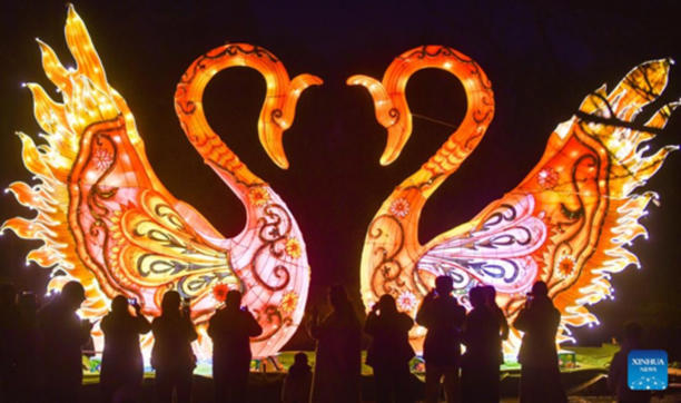 Du khách tham quan triển lãm đèn lồng theo chủ đề tại vườn thực vật ở thành phố Lạc Dương, tỉnh Hà Nam (Trung Quốc). (Nguồn: Tân Hoa xã)