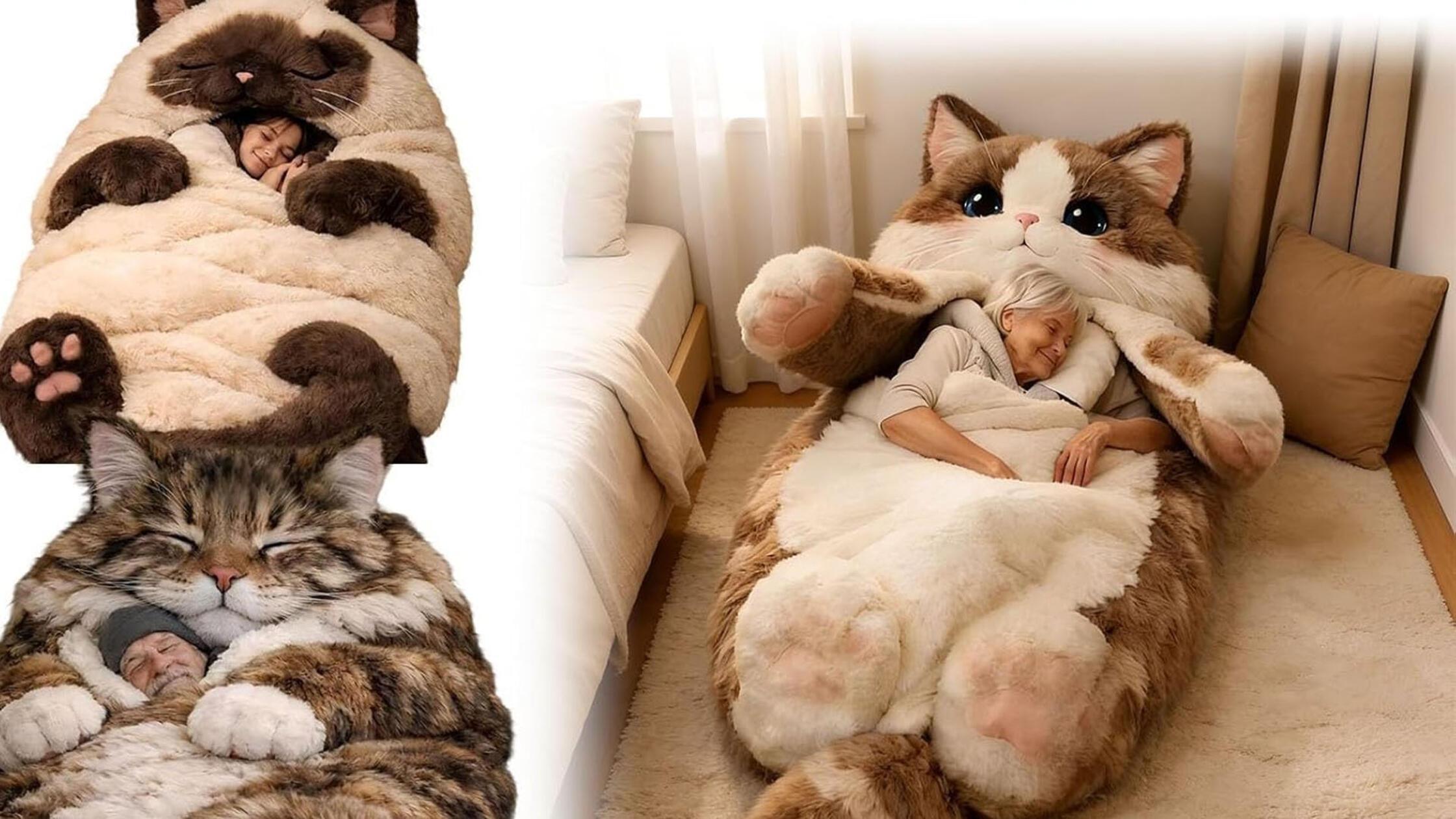 Neuheit: Flauschiger Katzen-Schlafsack ist Bett, Kissen und Kuscheltier in  einem