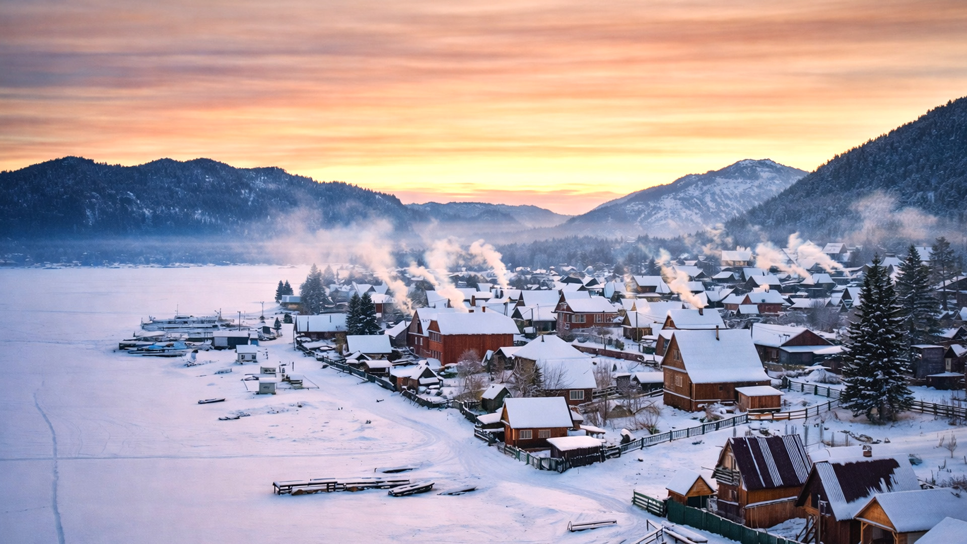 Altai snowy houses and mountain backdrop