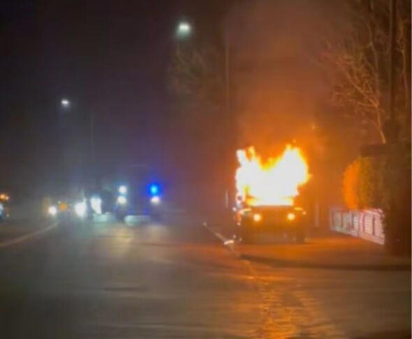 Car bursts into flames on busy UK main road as emergency services swarm ...