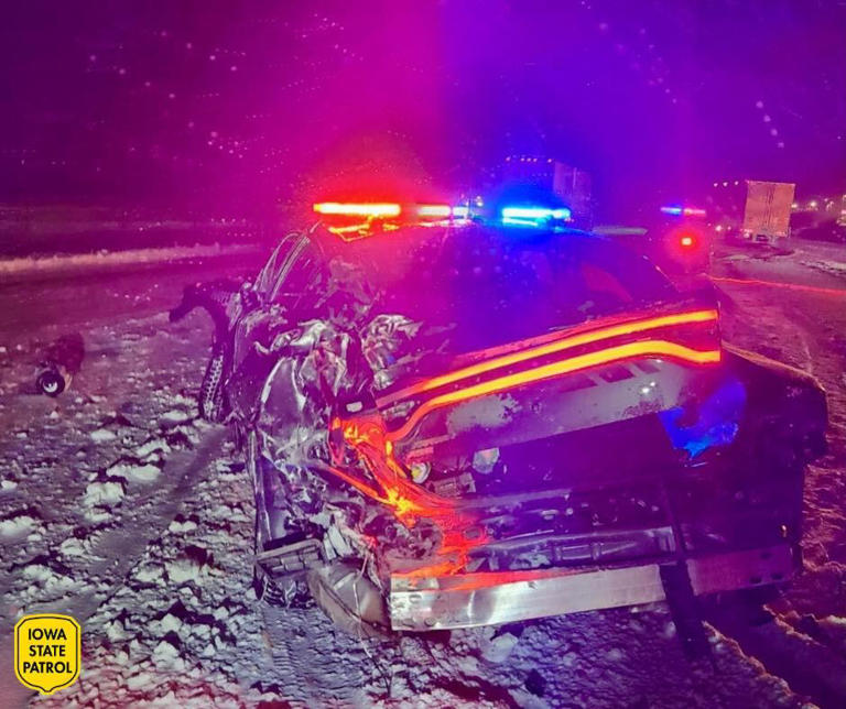 Iowa State Patrol car smashed into during snowy road assist