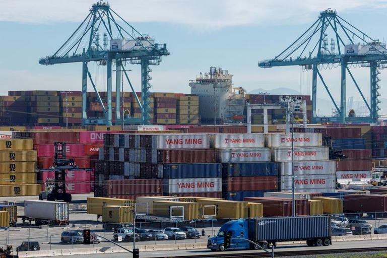 FILE PHOTO: Chinese shipping containers lie stacked at the Port of Los Angeles in Los Angeles,California, U.S., January 14, 2026. REUTERS/Mike Blake/File Photo