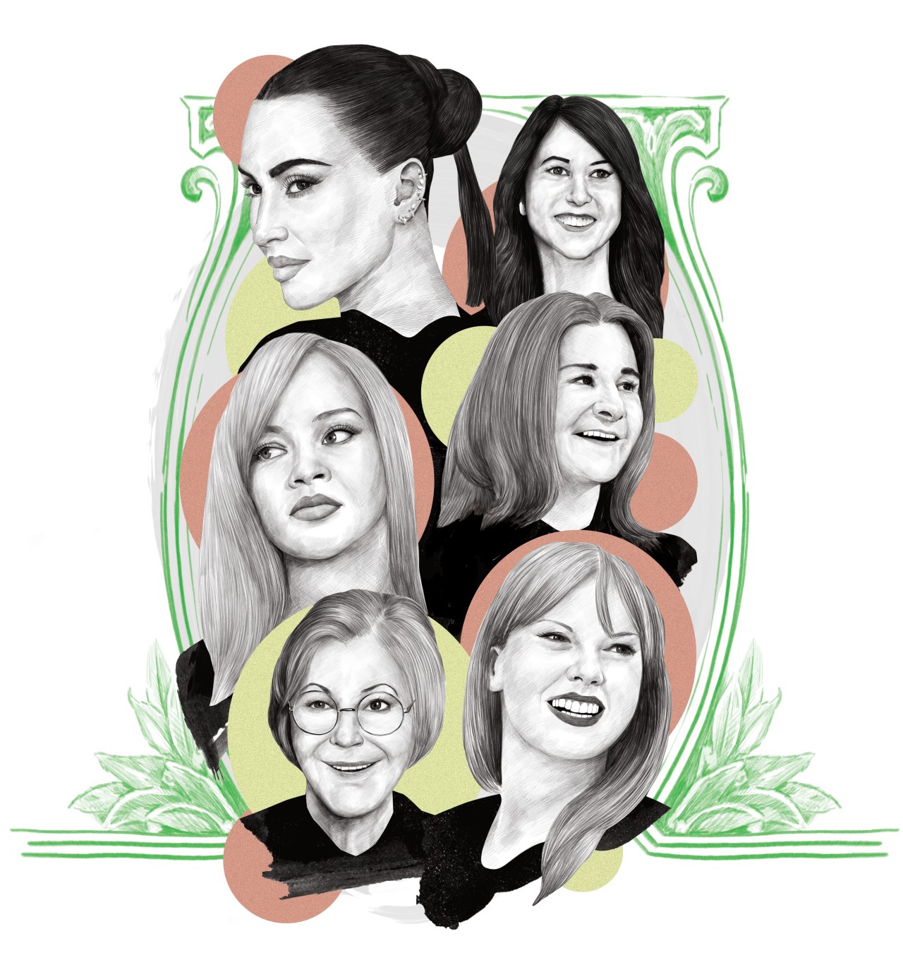 Clockwise from top right: MacKenzie Scott, Melinda French Gates, Taylor Swift, Alice Walton, Rihanna and Kim Kardashian