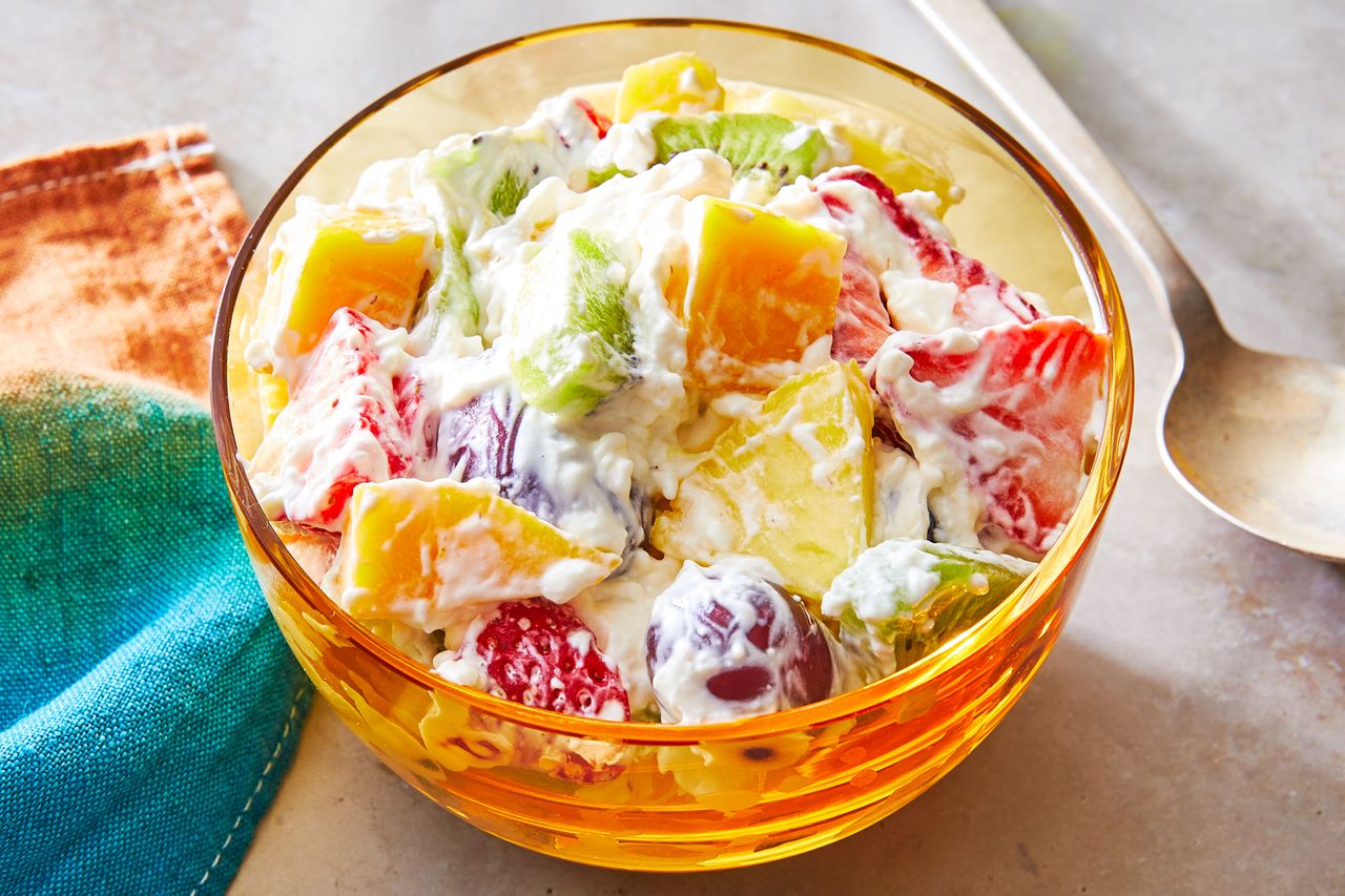 Southern Living Cheesecake Fruit Salad in a bowl to serve