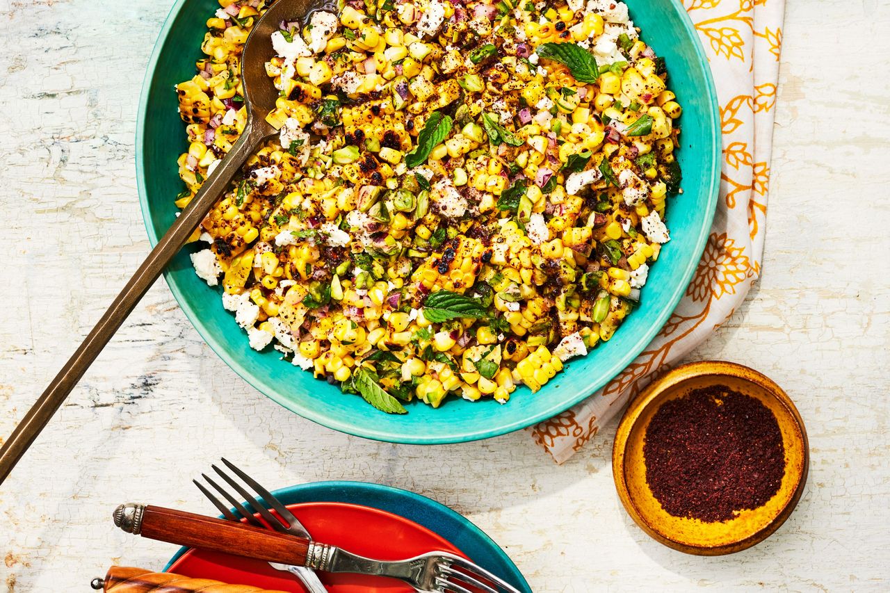 Southern Living Corn Salad with Sumac and Feta in a bowl ready to serve