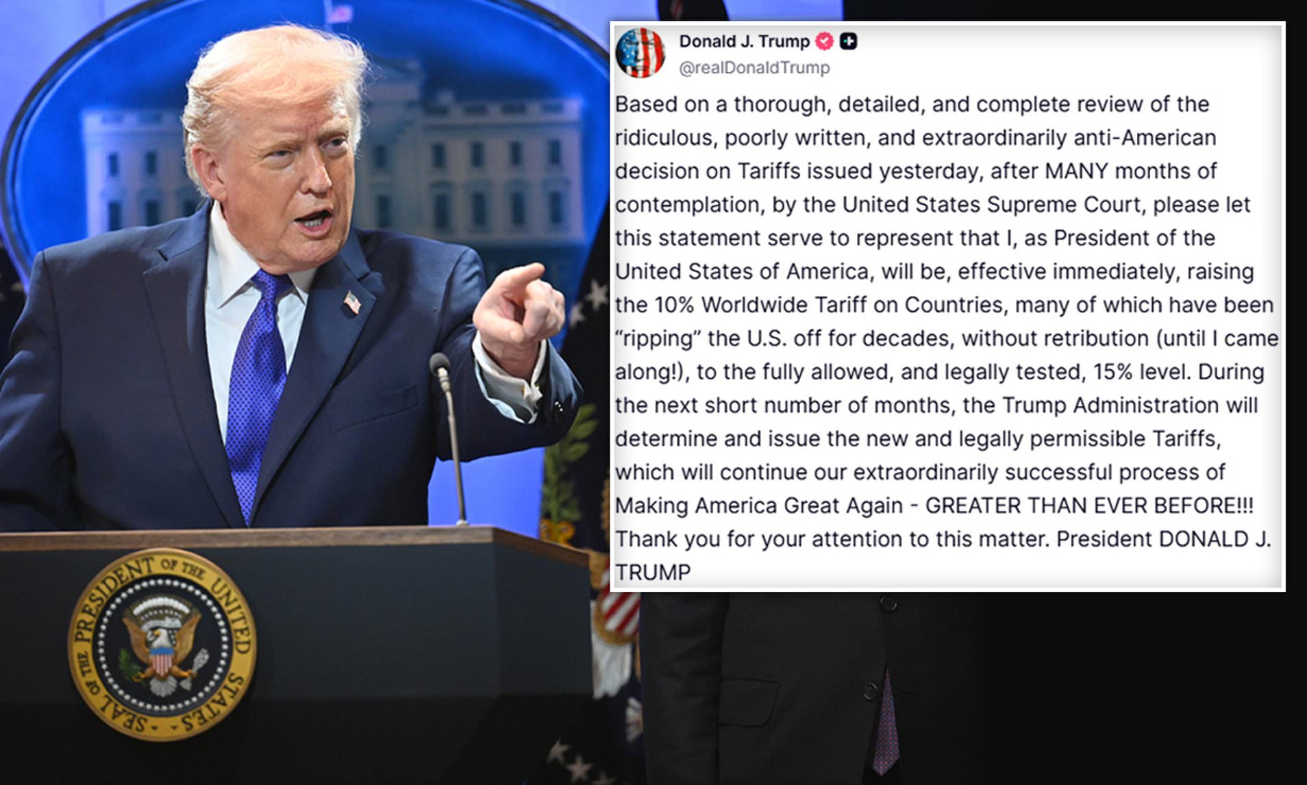 Trump announces he is hiking global tariffs to 15% after Supreme Court loss