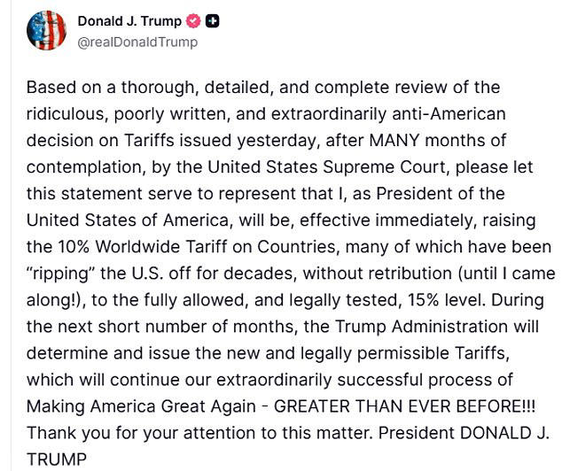 Trump announces he is hiking global tariffs to 15% after Supreme Court loss