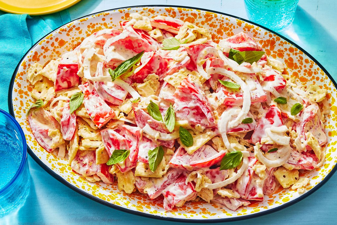 Tomato Cracker Salad on a large platter to serve