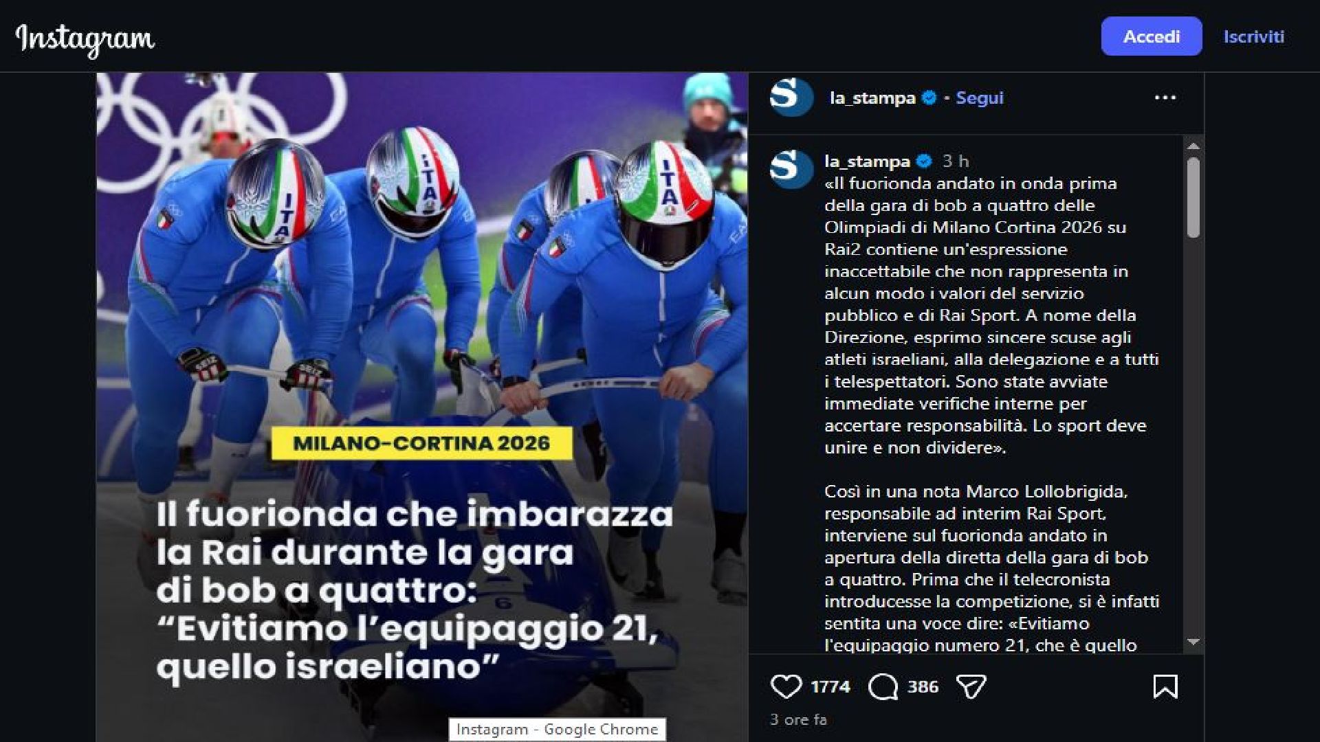 Olimpiadi 2026, fuorionda imbarazzante della Rai nel bob: 