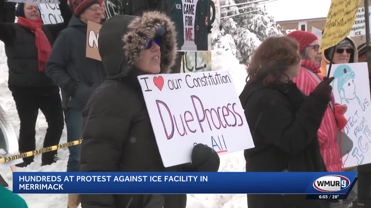 A thousand people crowd Merrimack Street in protest of ICE facility