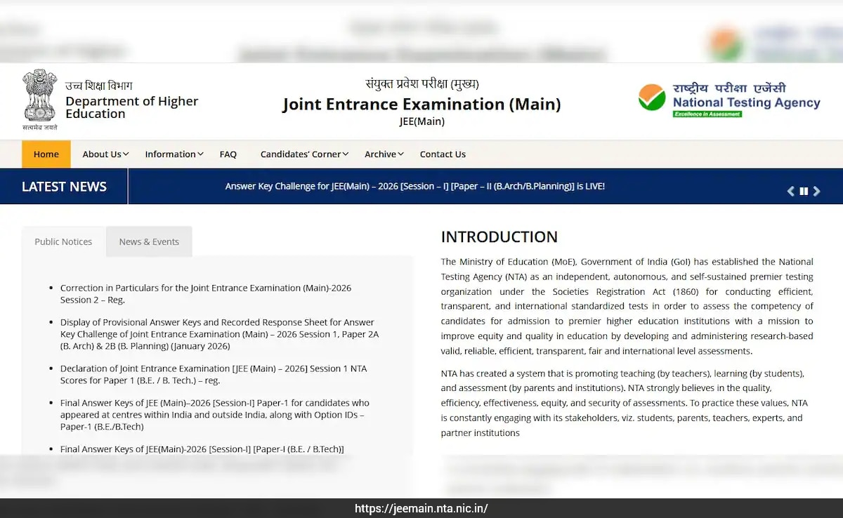 NTA announces JEE Main 2026 session 2 correction window from February 27