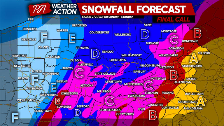 Final call snowfall forecast for Sunday's major snowstorm in parts of PA