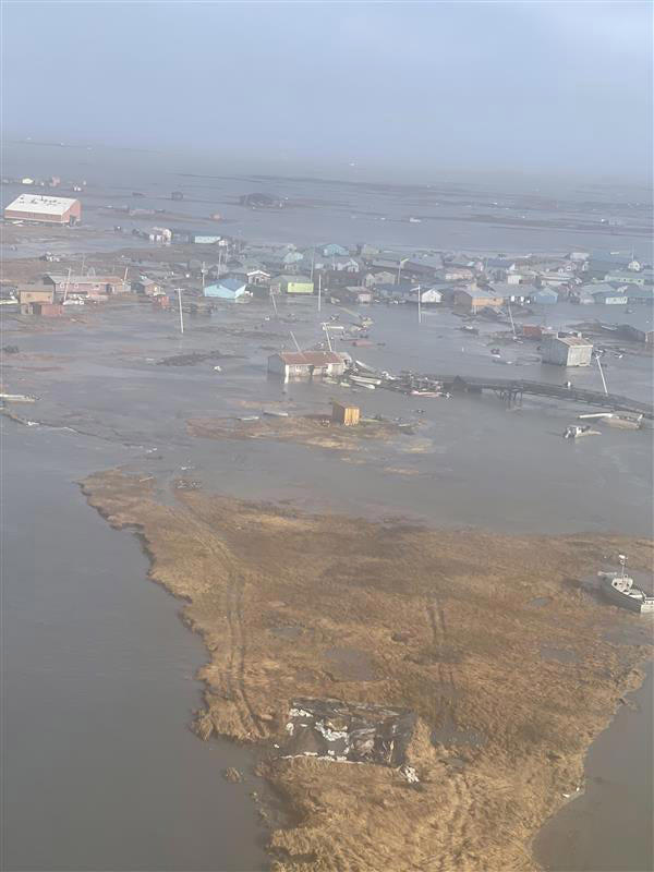 U.S. Coast Guard MH-60 Jayhawk helicopter aircrews conducted overflights of Kipnuk, Alaska, after coastal flooding from Typhoon Halong struck the western Alaska coast on Oct. 12, 2025.