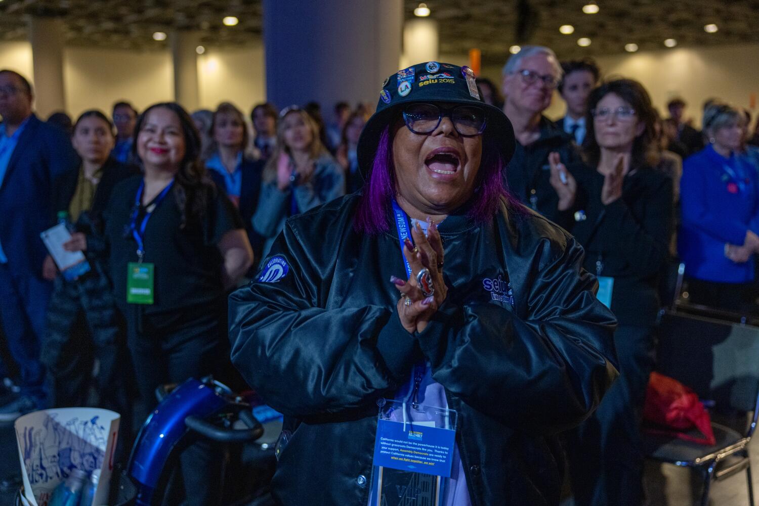 Michele Reed of Los Angeles cheers at the state Democratic Party convention. ((Christina House/Los Angeles Times))