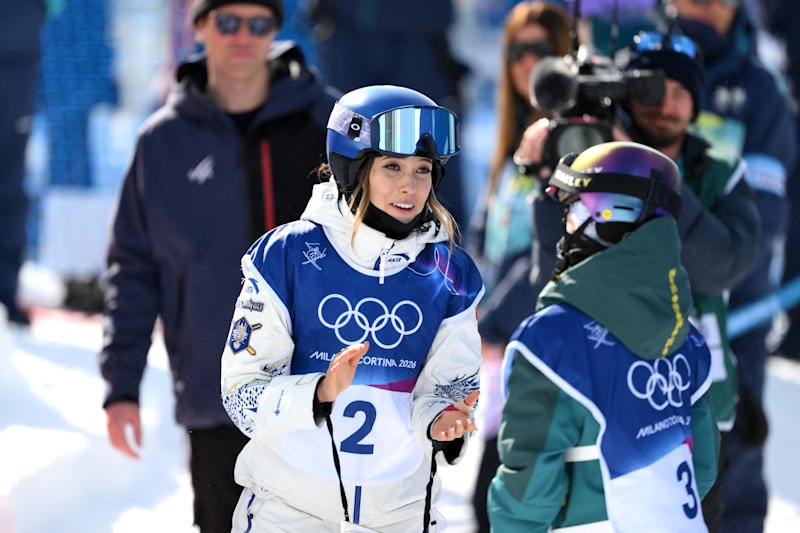 Eileen Gu and Indra Brown after the women’s halfpipe final.