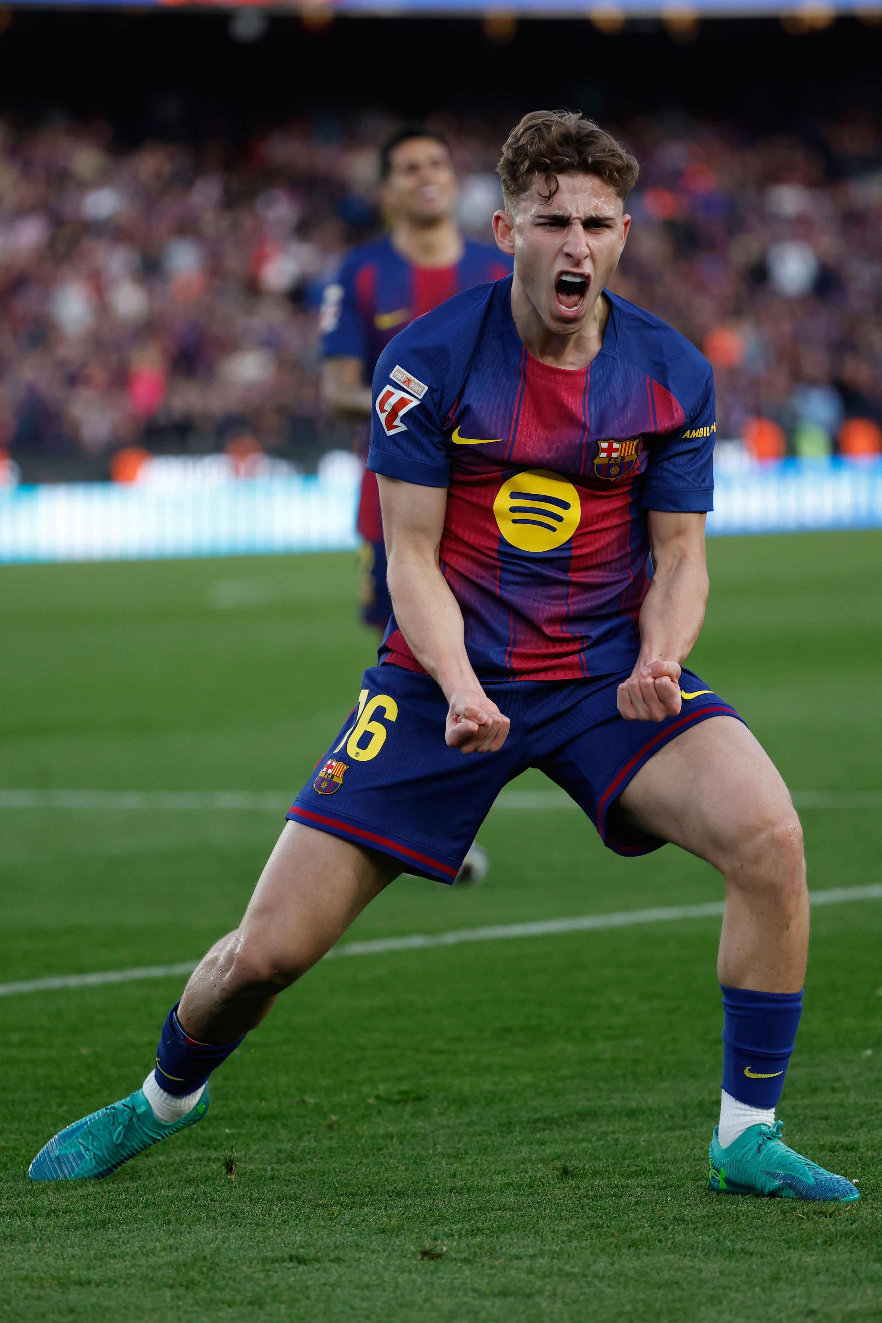 Barcelona's Fermin Lopez celebrates after scoring during a La Liga soccer match between Barcelona and Levante in Barcelona, Spain, Sunday, Feb. 22, 2026. (AP Photo/Joan Monfort)