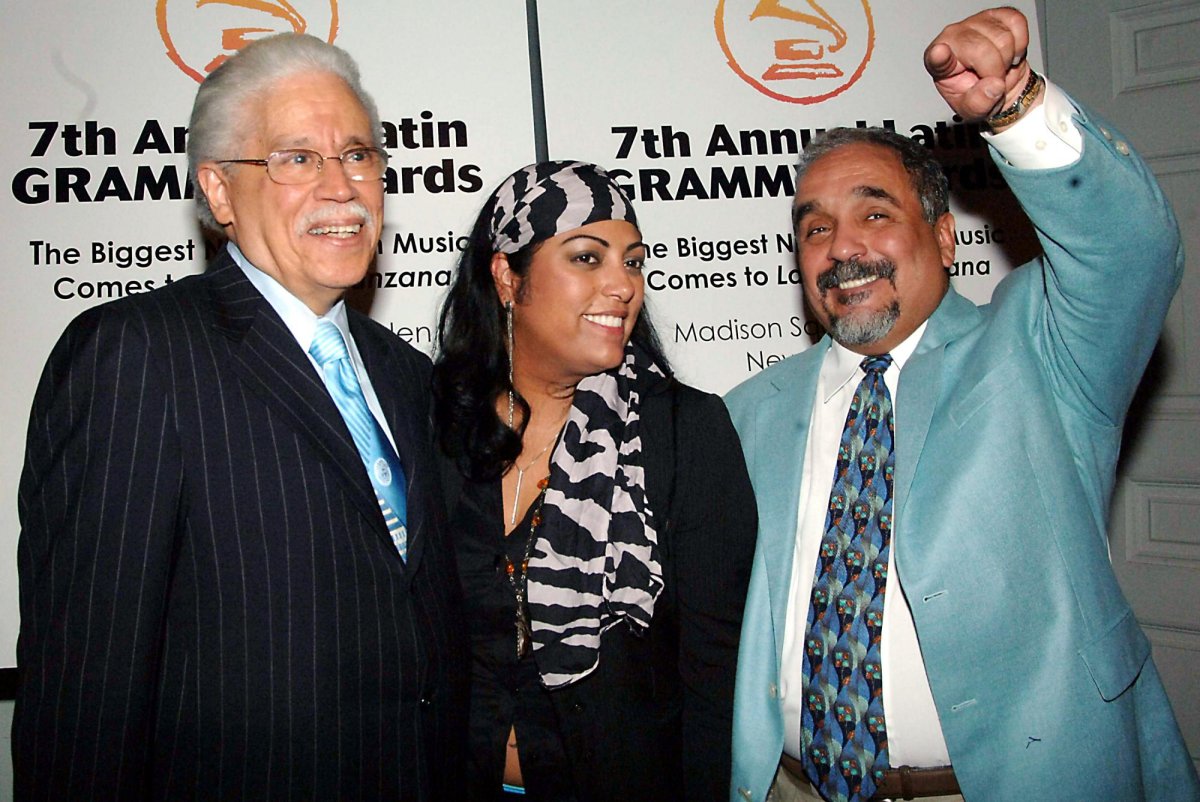Left to right, Johnny Pacheco, India and Willie Colon take part in a City Hall ceremony that announced the 2006 Latin Grammy Awards would be held for the first time in New York City. File Photo by Ezio Petersen/UPI by Ezio Petersen/UPI