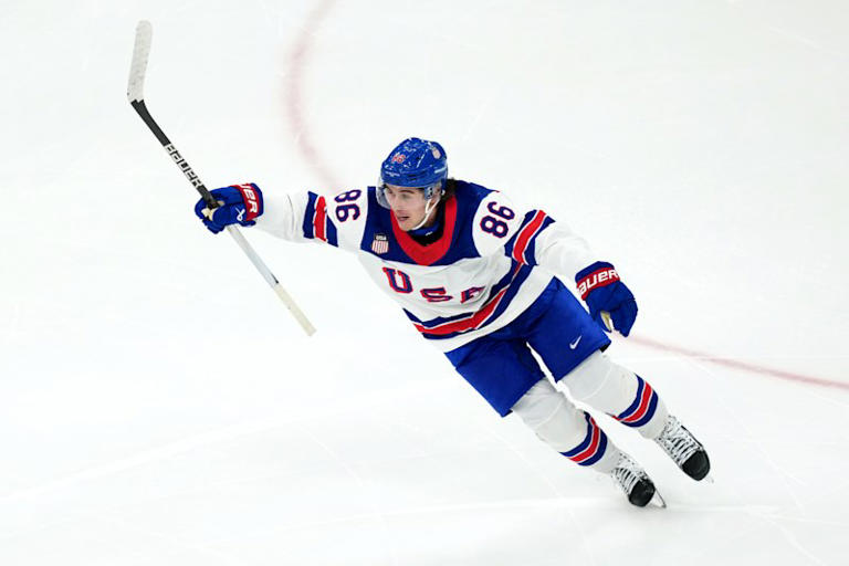 Jack Hughes scores the winning goal against Canada.