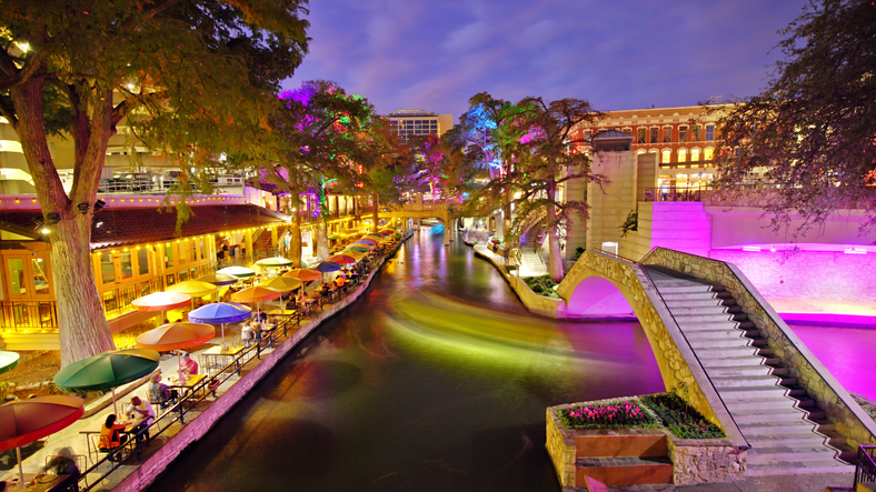 The Riverwalk in San Antonio, Texas, at dusk