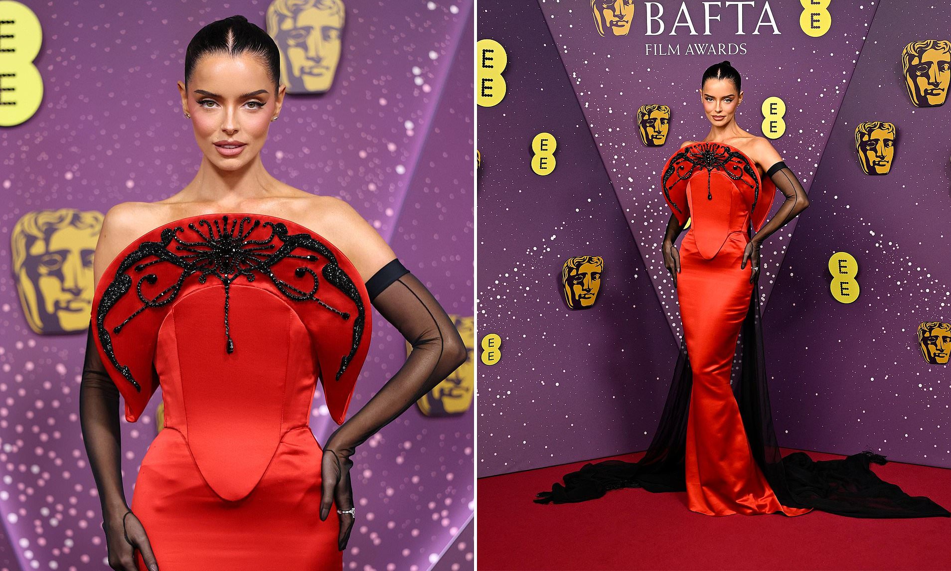 Maura Higgins turns heads in a dramatic form-fitting red satin dress ...