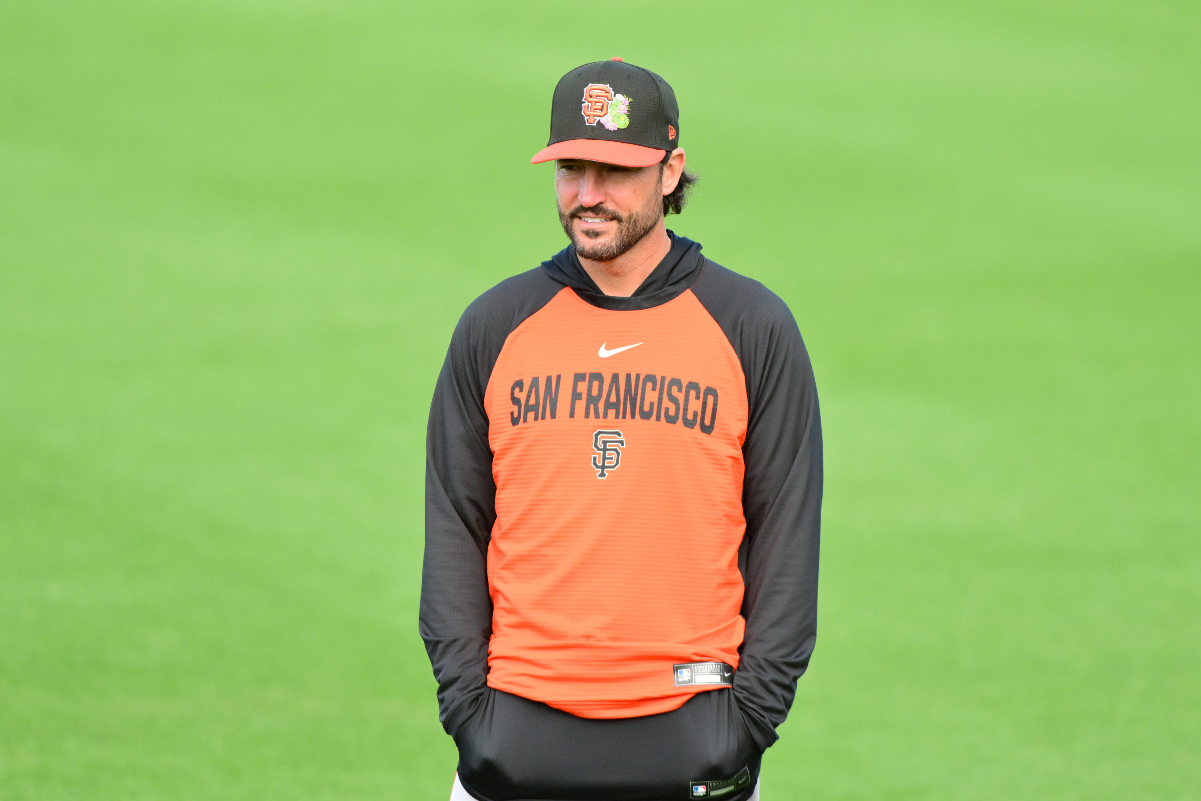 Feb. 18, 2026; Scottsdale, Arizona; San Francisco Giants manager Tony Vitello (23) looks on during a Spring Training workout at Scottsdale Stadium.