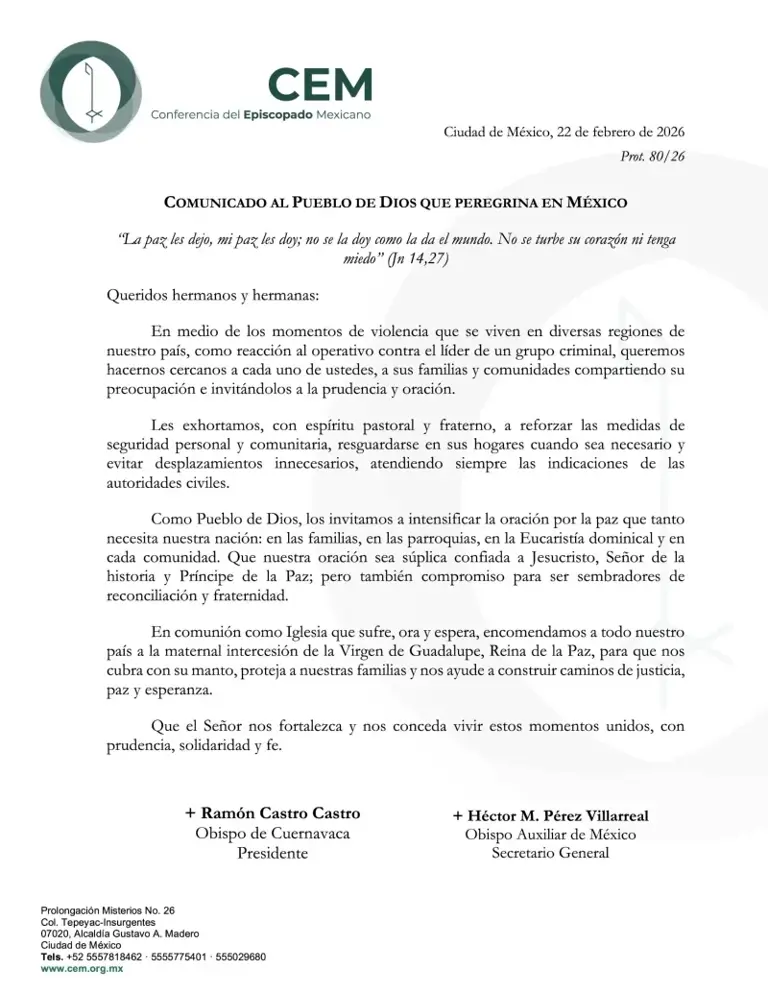 Tras operativo contra El Mencho, Episcopado llama a orar por la paz en ...
