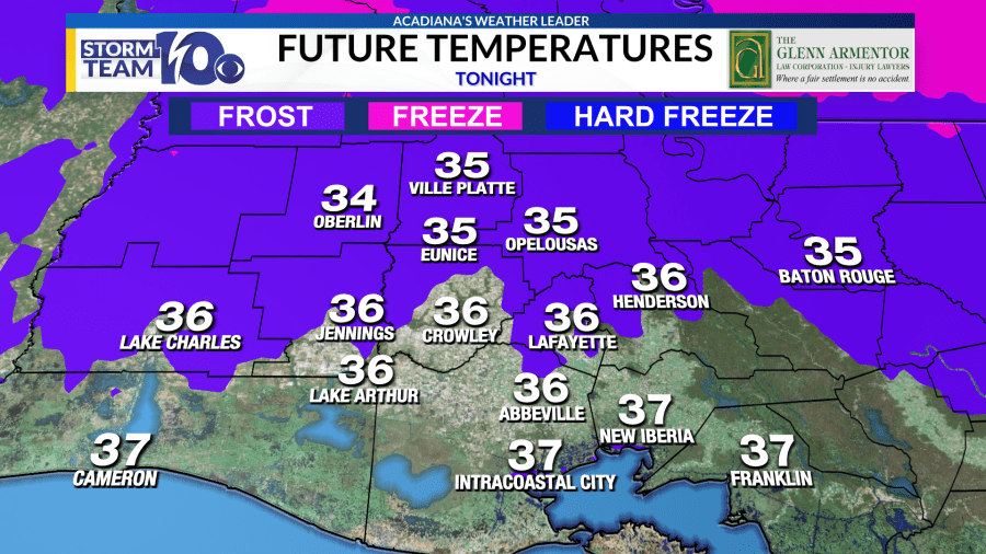 Light freeze tonight for parts of Acadiana with widespread frost