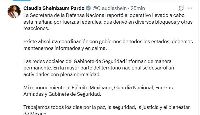 Sheinbaum llama a la calma tras violencia en México por muerte de El Mencho