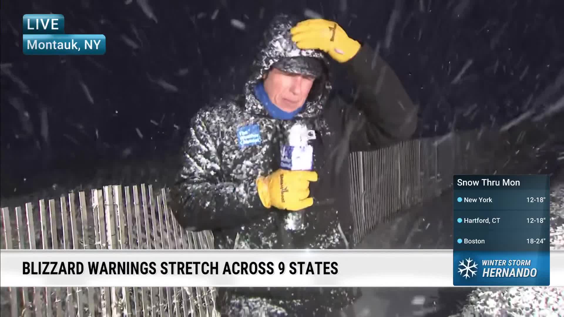 Reynolds Wolf battling heavy snowfall in Montauk, New York