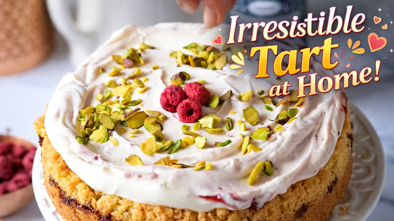 This shortbread raspberry pistachio tart looks too pretty to slice