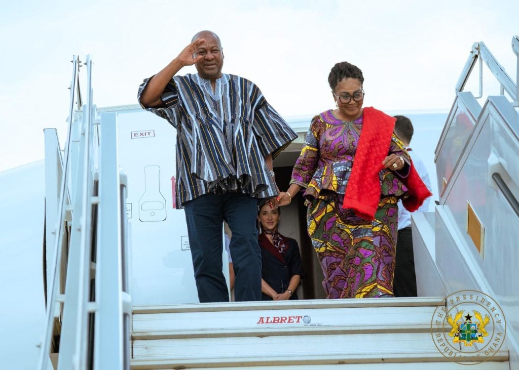 President John Dramani Mahama arrives in Lusaka, Zambia, for a three-day state visit wearing a Fugu (Ghana Presidency)