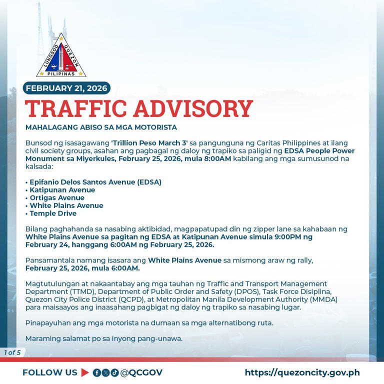 Look: Road closure, traffic scheme for Trillion Peso March on Feb. 25