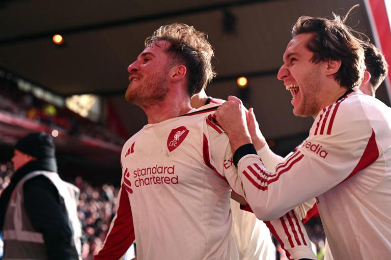 Alexis Mac Allister celebrates after scoring Liverpool's winner over Nottingham Forest