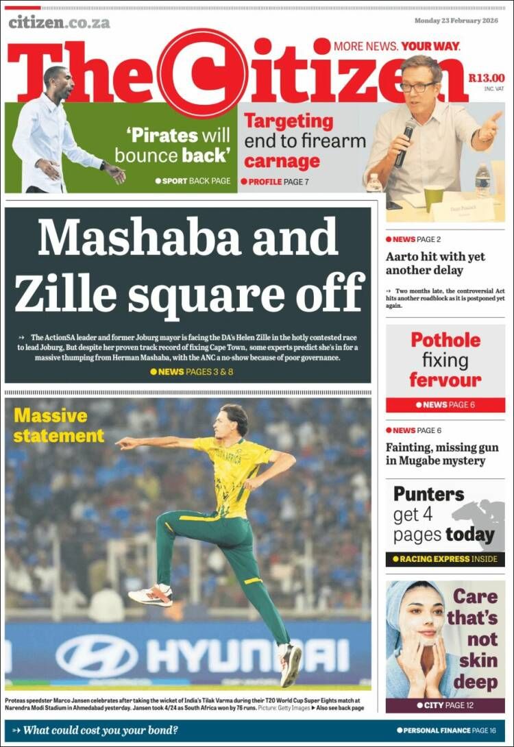 23 February 2026: 'Mashaba and Zille squared off' and other world headlines