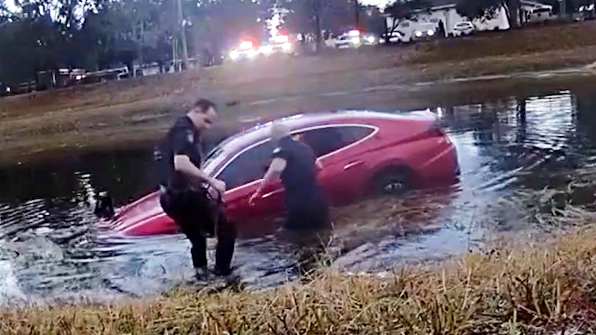Elderly driver rescued from submerged vehicle after crashing into pond