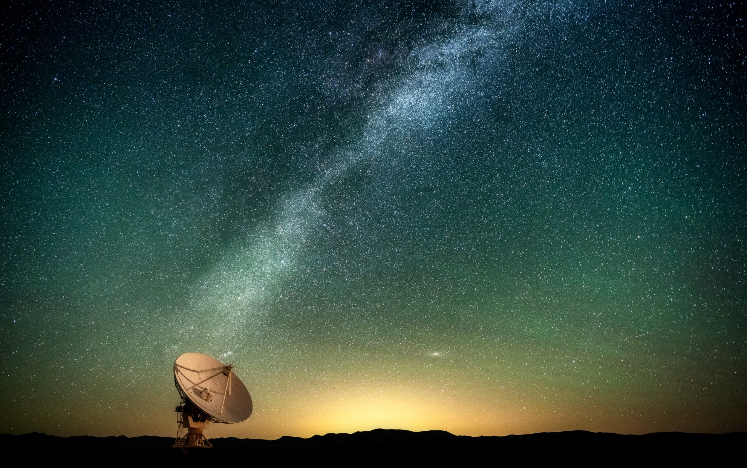 The Milky Way over a radio telescope at the Karl G Jansky Very Large Array National Radio Astronomy Observatory in New Mexico