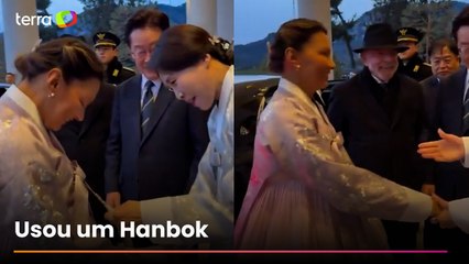 Janja usa traje tradicional coreano em jantar oficial com presidente da ...