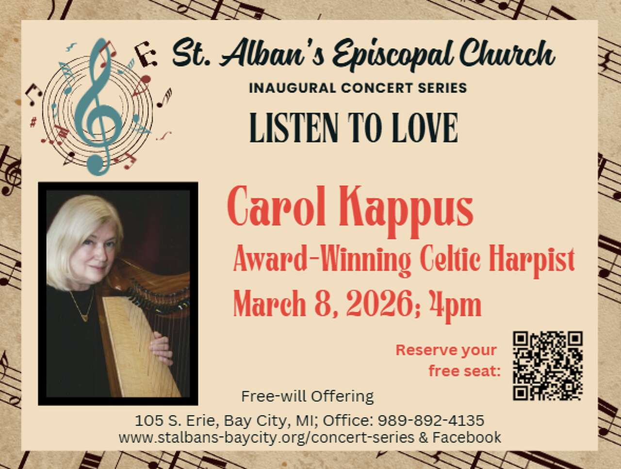 Listen to Love concert series to feature Celtic harpist, Carol Kappus