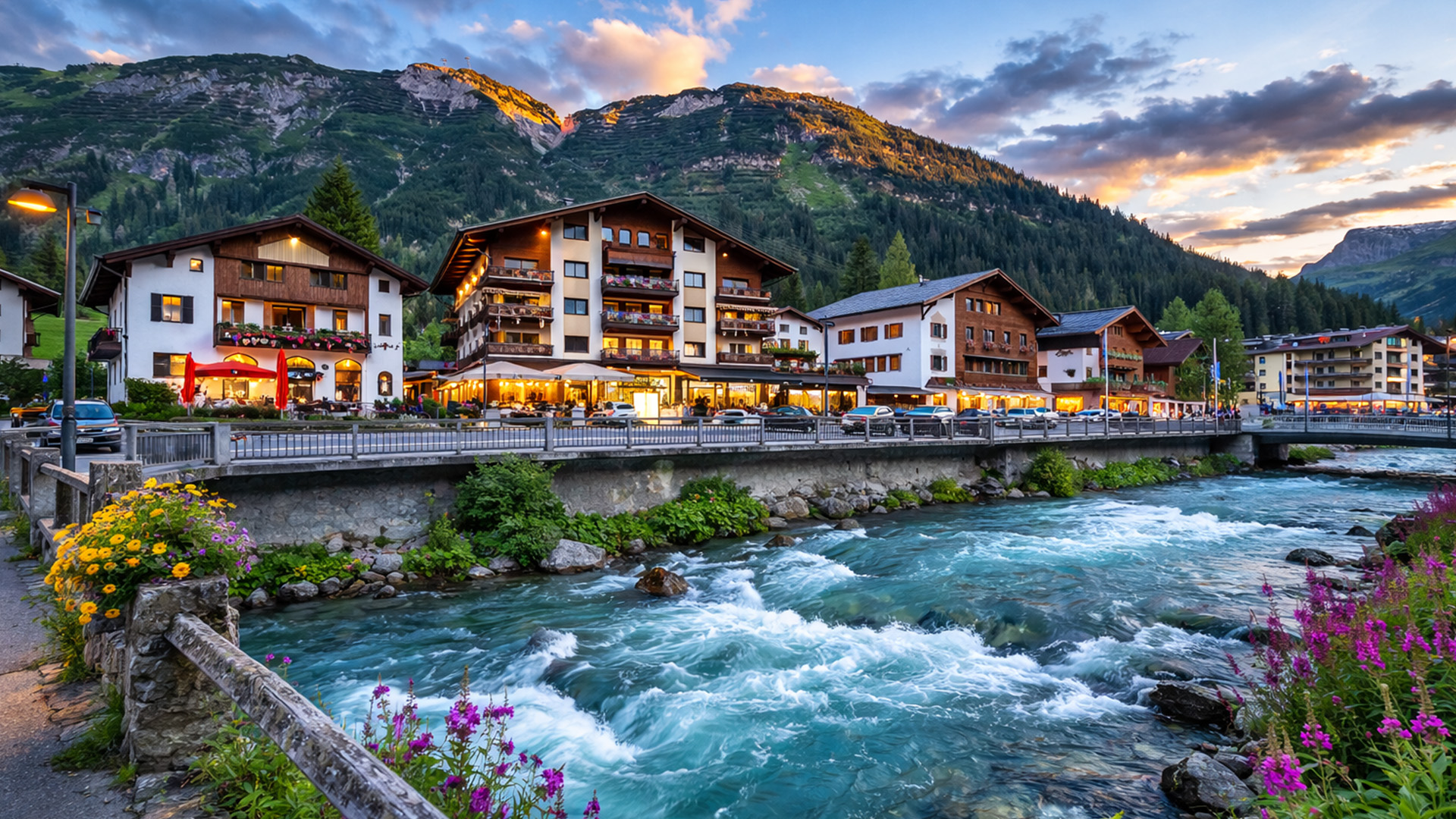 Lech Austria scenic evening walk in exclusive ski resort (4K)