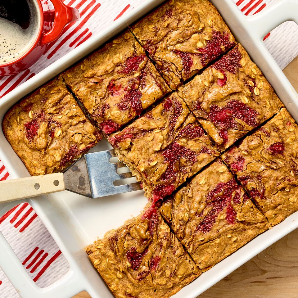 Recipe image of High-Protein Almond Butter & Strawberry Oatmeal Bars