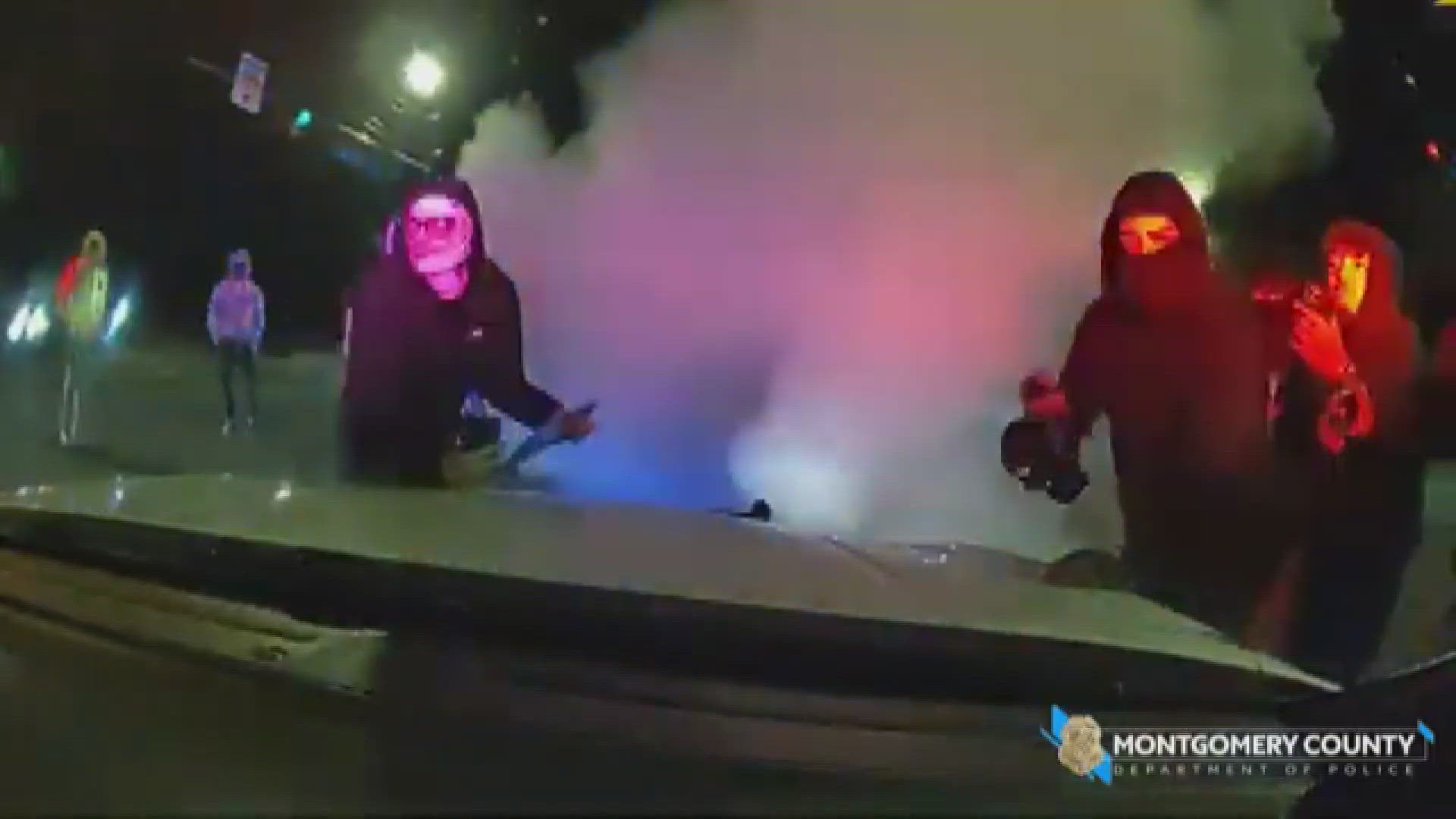 Police patrol car's windshield smashed during illegal car rally in Maryland